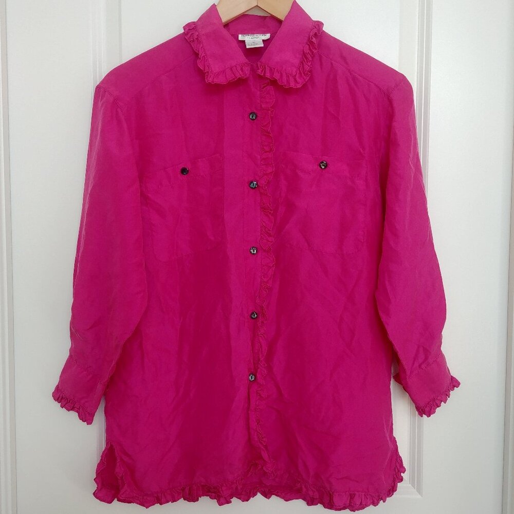 Robert Stock prettiest 100% silk ruffled bright pink button down blouse …